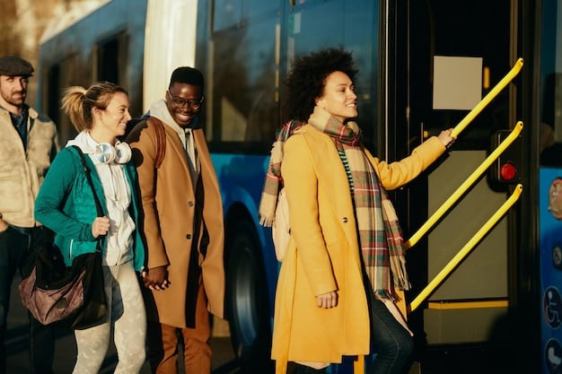 A vibrant image showing a diverse group of people waiting at a modern, clean bus stop, all smiling and engaged in conversation. The background includes lush greenery and renewable energy sources like solar panels, representing sustainable urban planning.