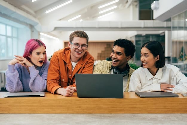 A group of colleagues laughing and working collaboratively on laptops in a co-working space, with large windows showing an urban landscape with electric scooters and public transport options in the background.