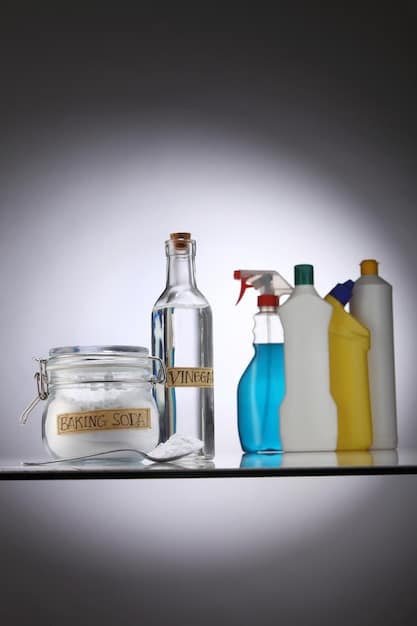 A well-organized cleaning supply cabinet with upcycled glass jars holding cleaning solutions and homemade detergents, labeled clearly.