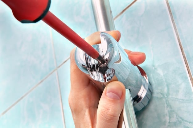 A plumber fixing a leaky faucet with tools, showcasing a hands-on approach to water conservation. The background shows a typical household bathroom setting.