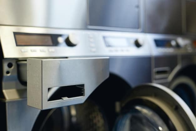 A modern laundry room featuring a front-load, energy-efficient washing machine and dryer. The machines have digital displays showing energy consumption and water usage.