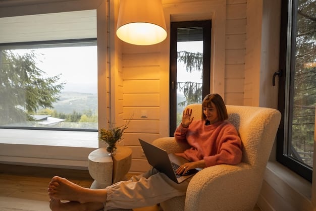 A cozy interior of an eco-lodge with solar panels visible on the roof. The room is furnished with locally sourced materials, showcasing sustainable living and renewable energy use.