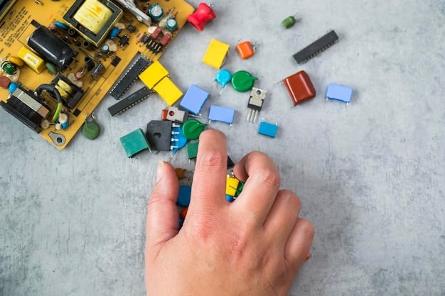 A close-up shot of a person's hands carefully disassembling an old computer motherboard, with various small components and tools scattered around. The focus is on the delicate nature of the task and the complexity of the electronic device.