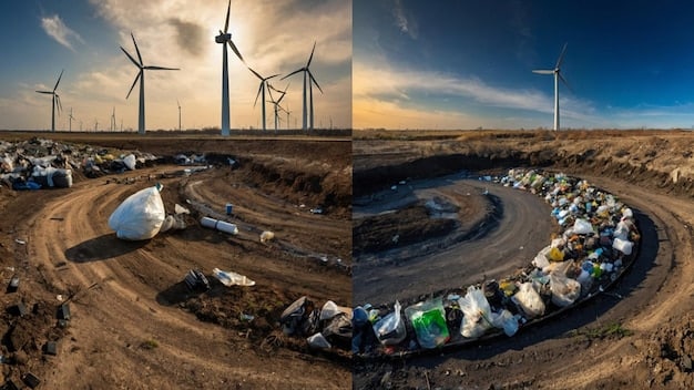 A split image showing two contrasting scenarios: on one side, a pristine recycling facility with workers carefully sorting electronic components; on the other side, an open landfill with piles of discarded electronics and dark smoke rising.