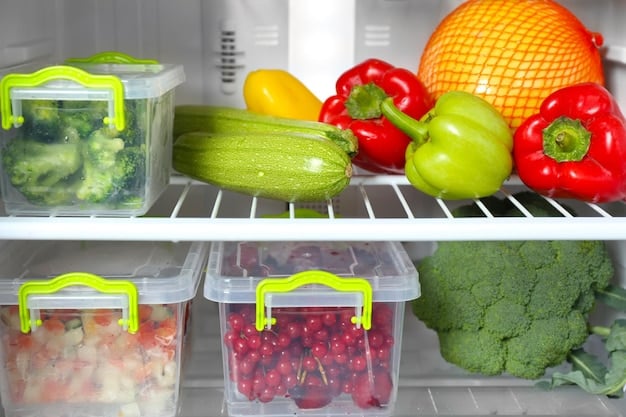 A well-organized refrigerator with clearly labeled containers holding various fruits, vegetables, and leftovers. The lighting is soft and natural, emphasizing freshness and proper storage techniques.