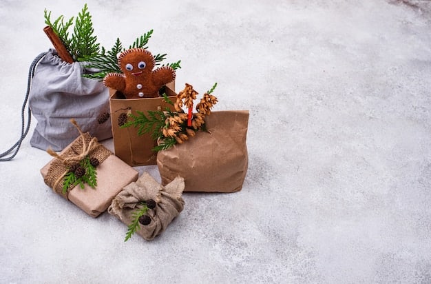 An assortment of eco-friendly gifts laid out on a wooden surface. The items include a reusable water bottle, a set of bamboo cutlery, organic skincare products, and a small potted plant, all wrapped in sustainable materials.