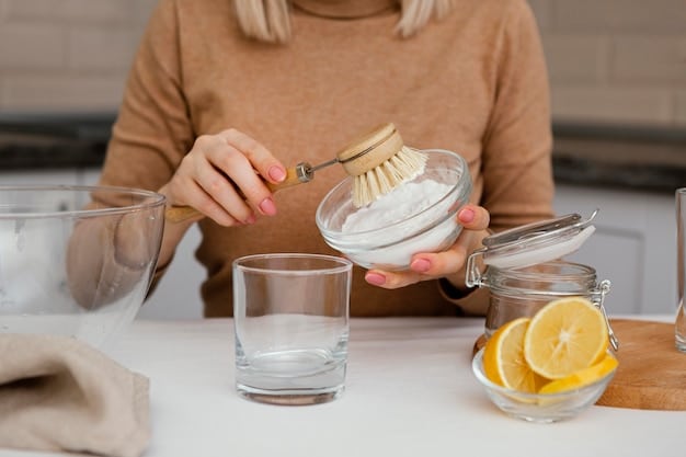 A close-up shot of hands mixing natural cleaning ingredients, such as baking soda and essential oils, in a glass bowl. The image highlights the simple and natural aspect of DIY cleaning solutions.