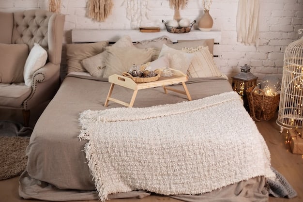 A bedroom featuring a bed with organic cotton bedding, a jute rug on the floor, and curtains made from linen fabric. The room has a calming and natural aesthetic, emphasizing comfort and sustainability.