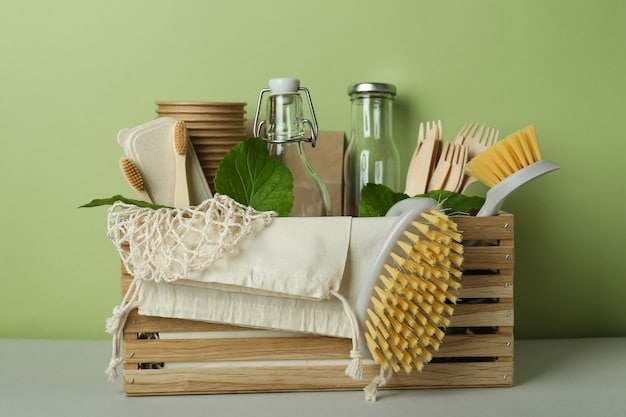 A selection of eco-friendly household cleaning products displayed on a shelf in a sustainable living store, showcasing options with minimal plastic packaging and natural ingredients.