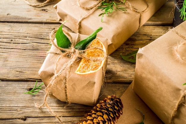 Close-up on a beautifully wrapped gift using brown kraft paper, adorned with a sprig of evergreen and tied with natural twine. The focus is on the eco-friendly wrapping materials.
