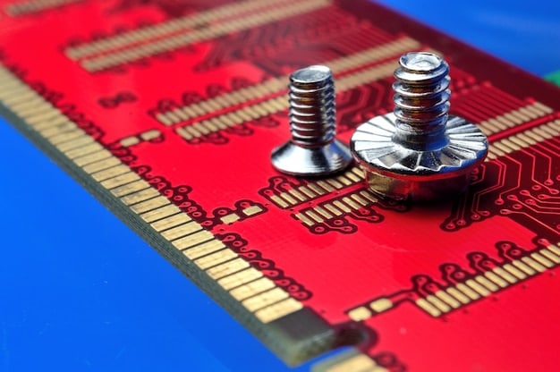 A close-up shot of circuit boards and electronic components being carefully disassembled at a certified e-waste recycling facility. Trained workers in protective gear are shown separating valuable materials for recovery.