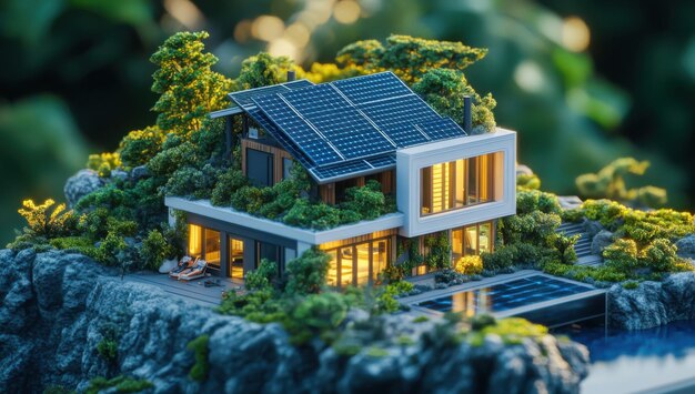 A real estate sign in front of a modern house with solar panels, with the words 