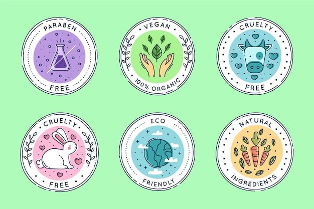 A collection of various eco-friendly certification symbols and labels displayed prominently on different personal care product packaging, such as USDA Organic, Leaping Bunny, and Fair Trade.