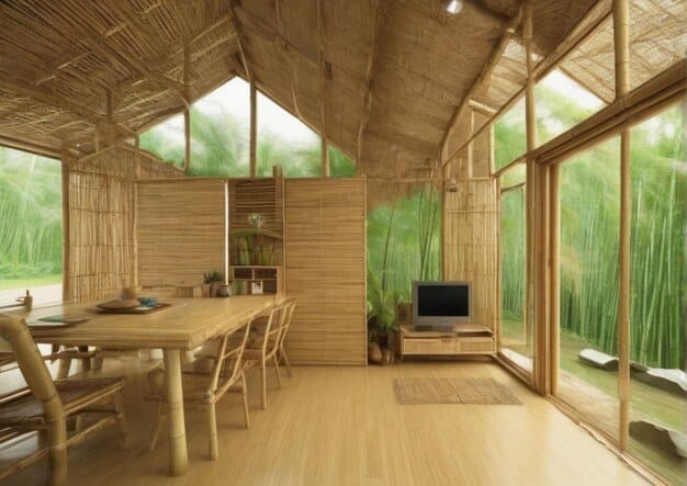 Interior of a modern living room with bamboo flooring, exposed reclaimed wood beams, and large windows providing natural light, showcasing the aesthetic appeal of eco-friendly materials.