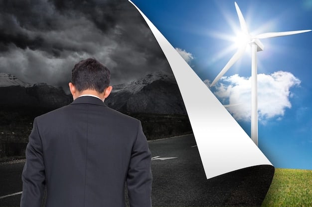 A split image showing Donald Trump and Joe Biden standing at podiums, with renewable energy symbols (solar panel, wind turbine) overlaid on Biden's side and fossil fuel symbols (oil rig, coal power plant) on Trump's side.