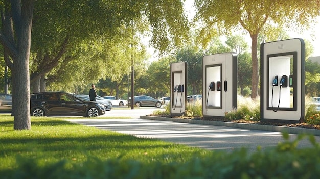 A modern electric vehicle charging station at a highway rest stop with multiple cars charging, showcasing the expansion of EV infrastructure.