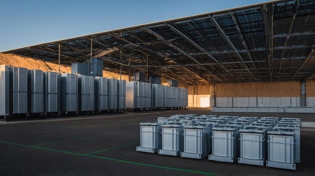A modern energy storage facility with rows of battery containers, set in an industrial landscape. The image underscores the practical implementation of energy storage mandates and their implications for the energy sector.