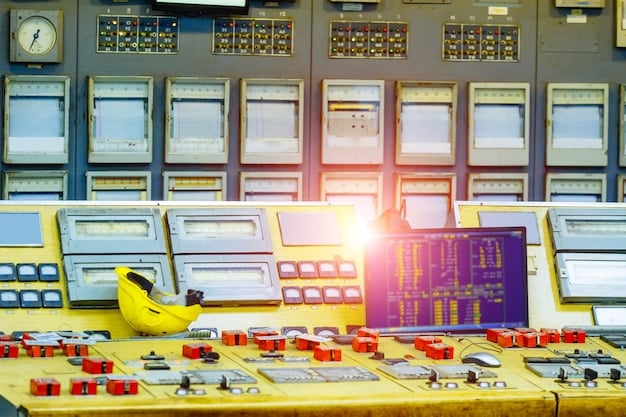 A smart grid control center with large displays showing real-time data and visualizations of energy flow, battery storage status, and renewable energy generation outputs. This illustrates the sophisticated management required to integrate energy storage with renewable energy and grid operations.