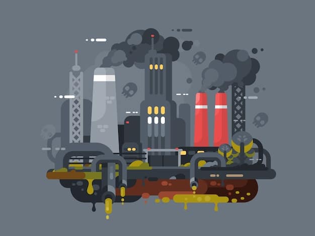 A detailed illustration of a coal-fired power plant with various pollution control technologies installed, such as scrubbers and filters, with annotations explaining how each technology reduces emissions.