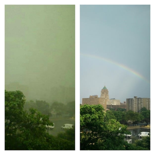 A split image showing a polluted city on one side and a clean, green city powered by renewable energy on the other, symbolizing the choices and potential outcomes influenced by environmental regulations.