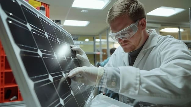 A scientist in a lab coat working on a solar cell prototype, with various scientific instruments and computer screens displaying data in the background.