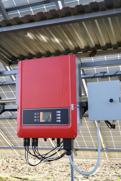 A close-up of a hybrid inverter connected to both solar panels and a battery backup system, showcasing the seamless integration and efficient energy flow.
