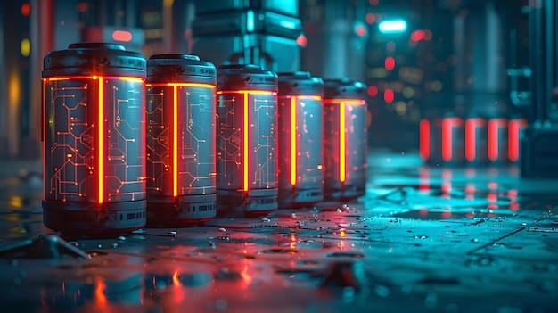 A close-up of an energy storage battery with a digital display showing real-time energy usage and grid interaction data. The focus should be on the technology and its role in demand response programs.