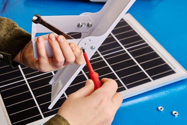 Close-up shot of a person's hands working on the electrical components of a solar panel installation. The tools are clearly visible, and the focus is on the precision and skill involved in the installation process. The background is slightly blurred, highlighting the technical aspects of solar energy deployment.