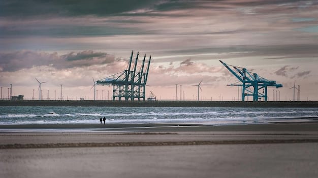 A bustling port in a coastal US city, showing ships loading and unloading components for an offshore wind farm, with visible economic activity and local workers engaged in the process.