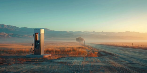A landscape showing a large wind farm in the background, with electric vehicles parked at a charging station in the foreground. The charging station is powered by solar panels.