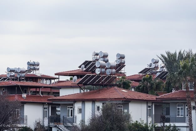 A close-up view of several rows of solar panels on a rooftop, with a residential neighborhood visible in the background. The image should highlight the integration of solar energy into residential settings.