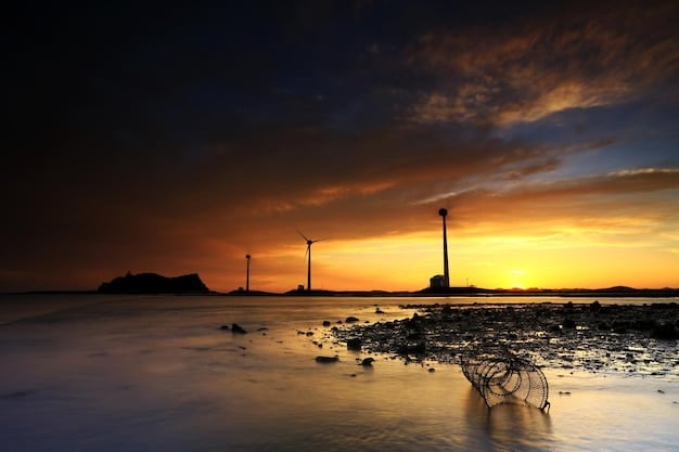 A scenic view of an offshore wind farm at sunset, with turbines rising from the ocean and seabirds flying around them. The image should showcase the beauty and potential of offshore wind energy.