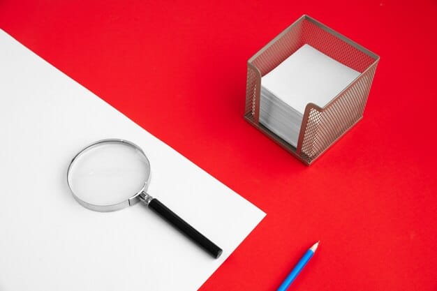 A long line of documents stacked on a desk, with a magnifying glass hovering over the top document. The documents are labeled with terms like 