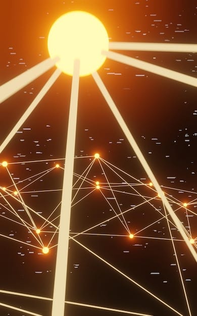 A graphic depicting a network of interconnected nodes representing energy companies, government agencies, and cybersecurity firms. Lines of connection indicate data sharing and collaboration on cybersecurity initiatives. A central node highlights a cybersecurity information sharing platform.