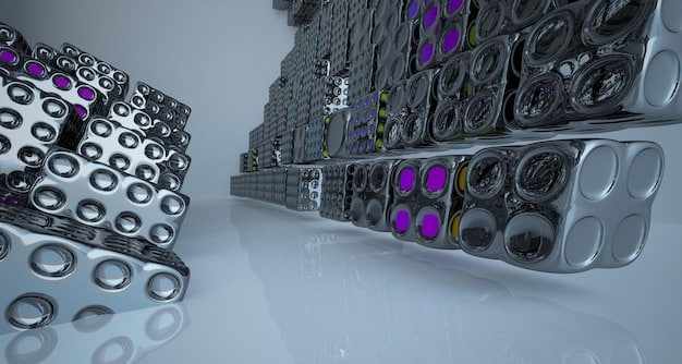 A close-up of advanced battery cells in a storage facility, showcasing the technology behind energy storage solutions. The image should be technologically advanced.