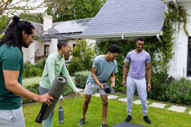 A diverse group of workers installing solar panels on a residential rooftop in a suburban neighborhood. The image illustrates the job creation aspect of renewable energy and its integration into communities.