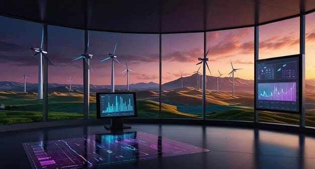 A futuristic-looking control room of a wind farm, with engineers monitoring turbines and data visualizations on large screens. This image symbolizes the technological advancement and innovation driven by renewable energy.