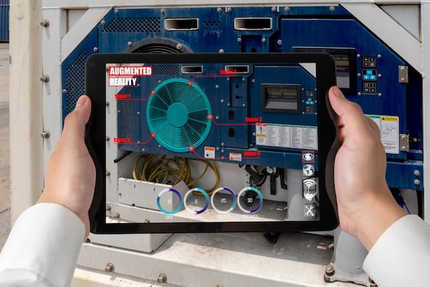 A technician using a tablet to analyze data from a wind turbine, with a holographic display showing the turbine's performance metrics.