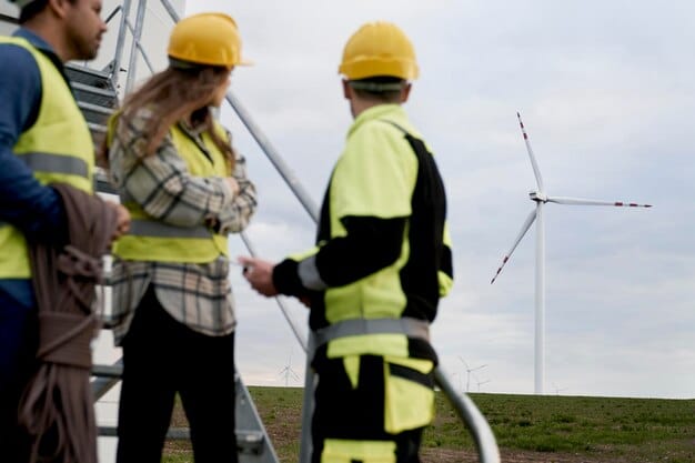 A training session where experienced engineers are teaching new recruits about the maintenance and operation of wind turbines, emphasizing hands-on learning.