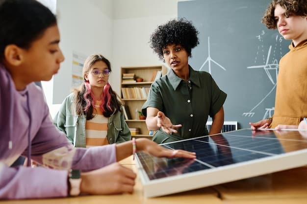 A group of diverse students in a classroom setting, learning about solar panel technology from an instructor, focusing on practical and theoretical knowledge.