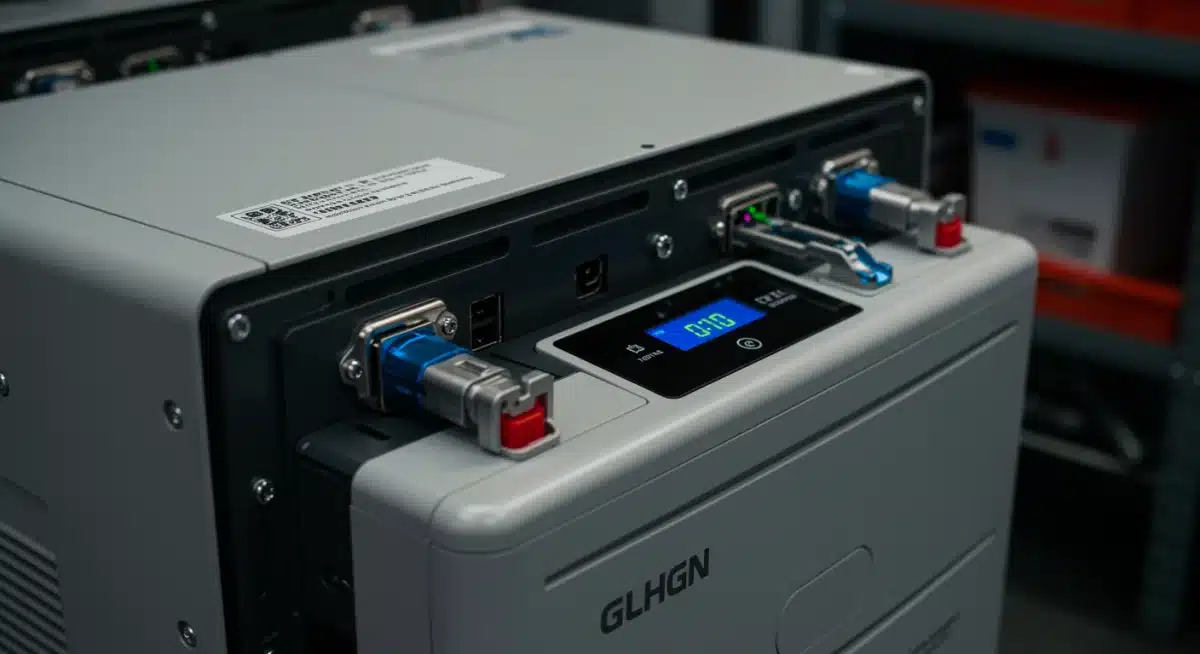 Close-up of a high-tech home battery storage unit in a utility room