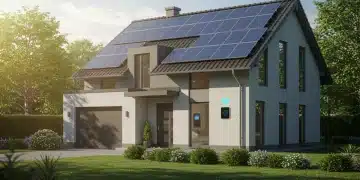 Modern eco-friendly home with solar panels and green landscaping