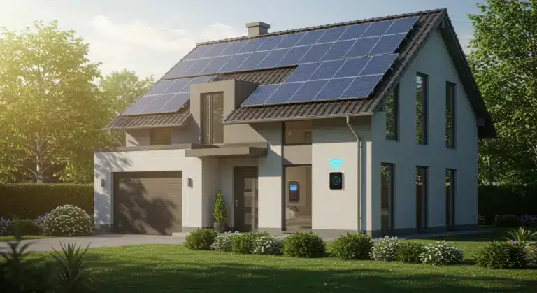 Modern eco-friendly home with solar panels and green landscaping