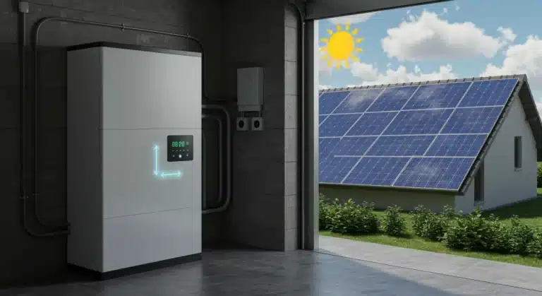 Modern home battery storage unit with solar panels on a house roof