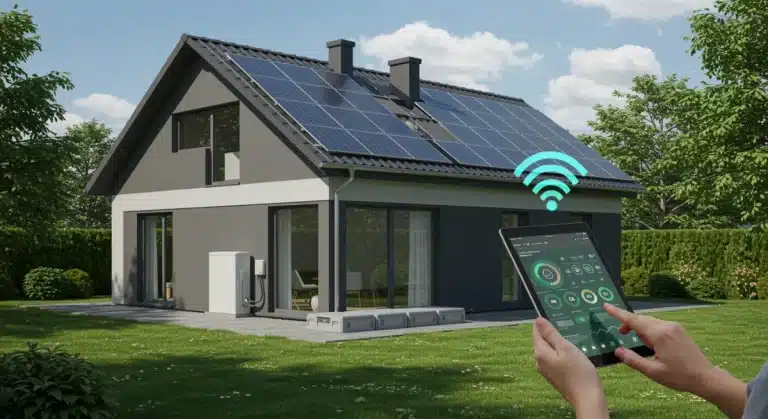 Modern home with solar panels and advanced battery storage system