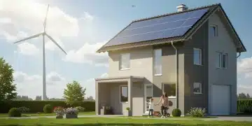 Solar panels and wind turbine on a modern home symbolizing federal clean energy tax credits for 2025 installations