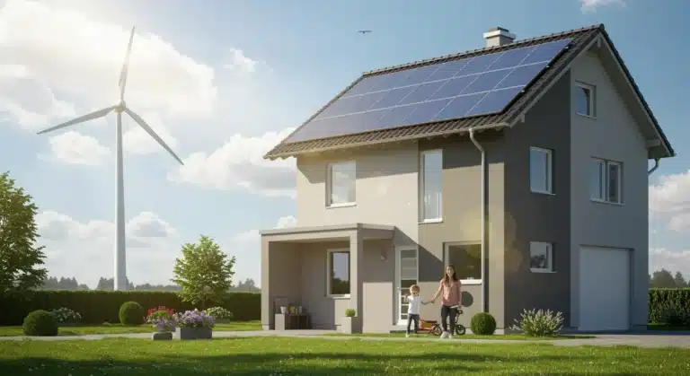 Solar panels and wind turbine on a modern home symbolizing federal clean energy tax credits for 2025 installations