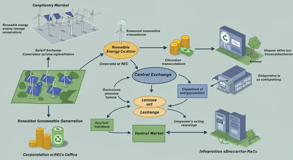 Infographic showing the journey of Renewable Energy Credits (RECs) from generation to corporate purchase.