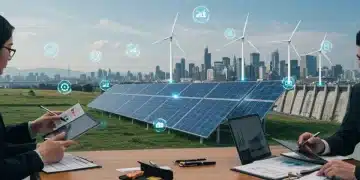 Renewable energy infrastructure and business professionals analyzing market data.