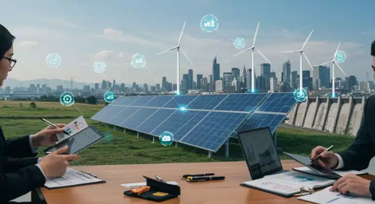 Renewable energy infrastructure and business professionals analyzing market data.